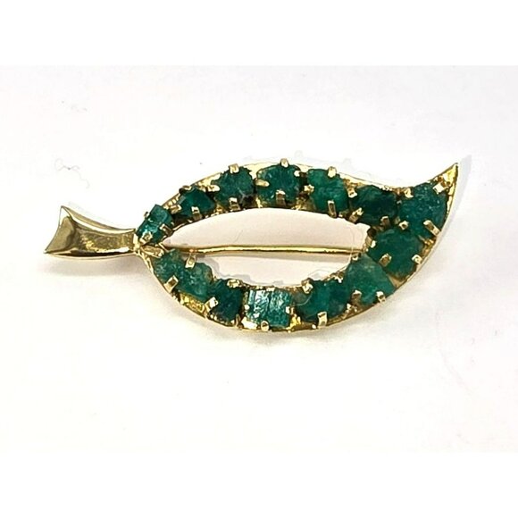 Raw Emerald Brooch Pin 18k Yellow Gold Leaf Shape Vintage Artisan STUNNING LI613 - Picture 2 of 15
